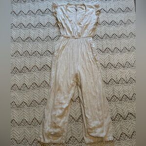 Anthropologie Sim & Sam Cream Cotton Linen Ruffle Sleeve Wide Leg Jumpsuit